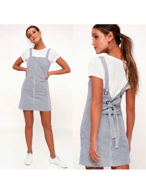 RVCA Tide Shift Blue and White Striped Lace-Up Denim Pinafore Dress sz S